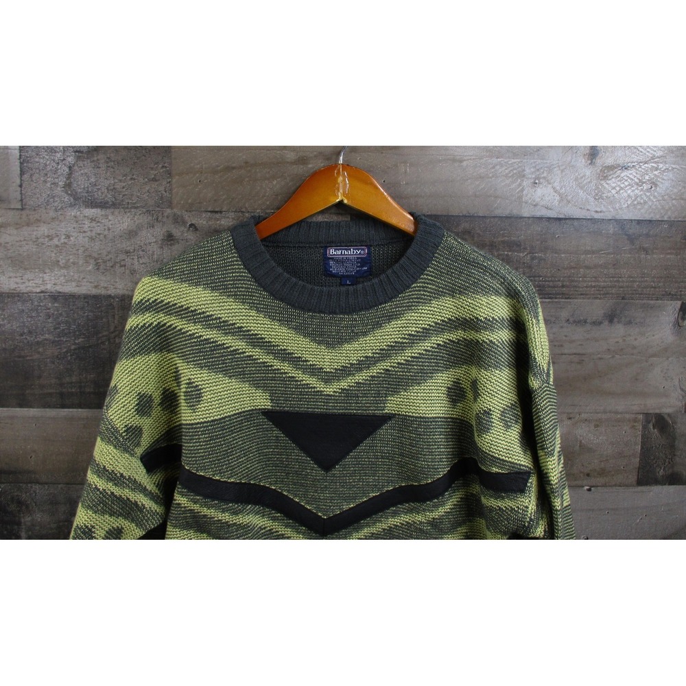 Vintage Barnaby Sweater Mens Large Yellow Gray Knit Crewneck Leather Trim 90s